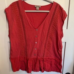 Lucky Brand Coral Red Button-Front Peplum Blouse